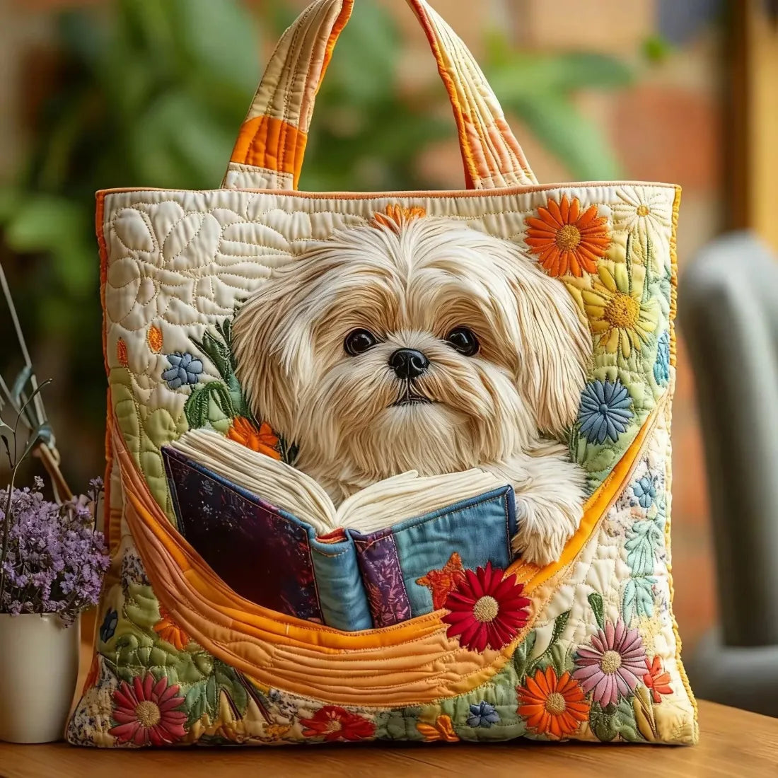 Sac fait main – Shih Tzu avec Livres et Fleurs