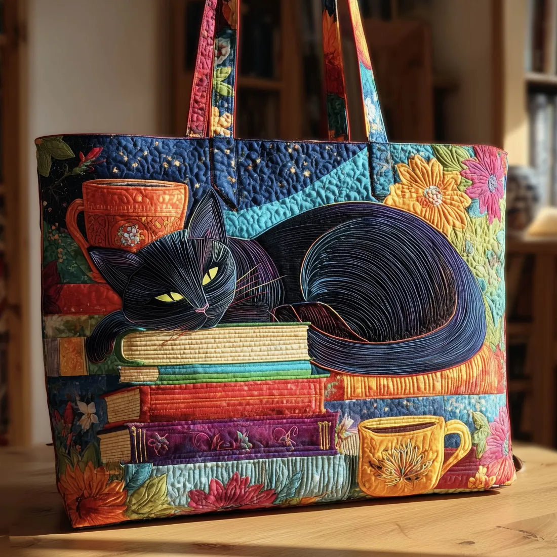 Sac fait main – Chat Noir avec Livres et Tasses