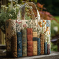 Quilted Tote Bag Books and Flowers Collection