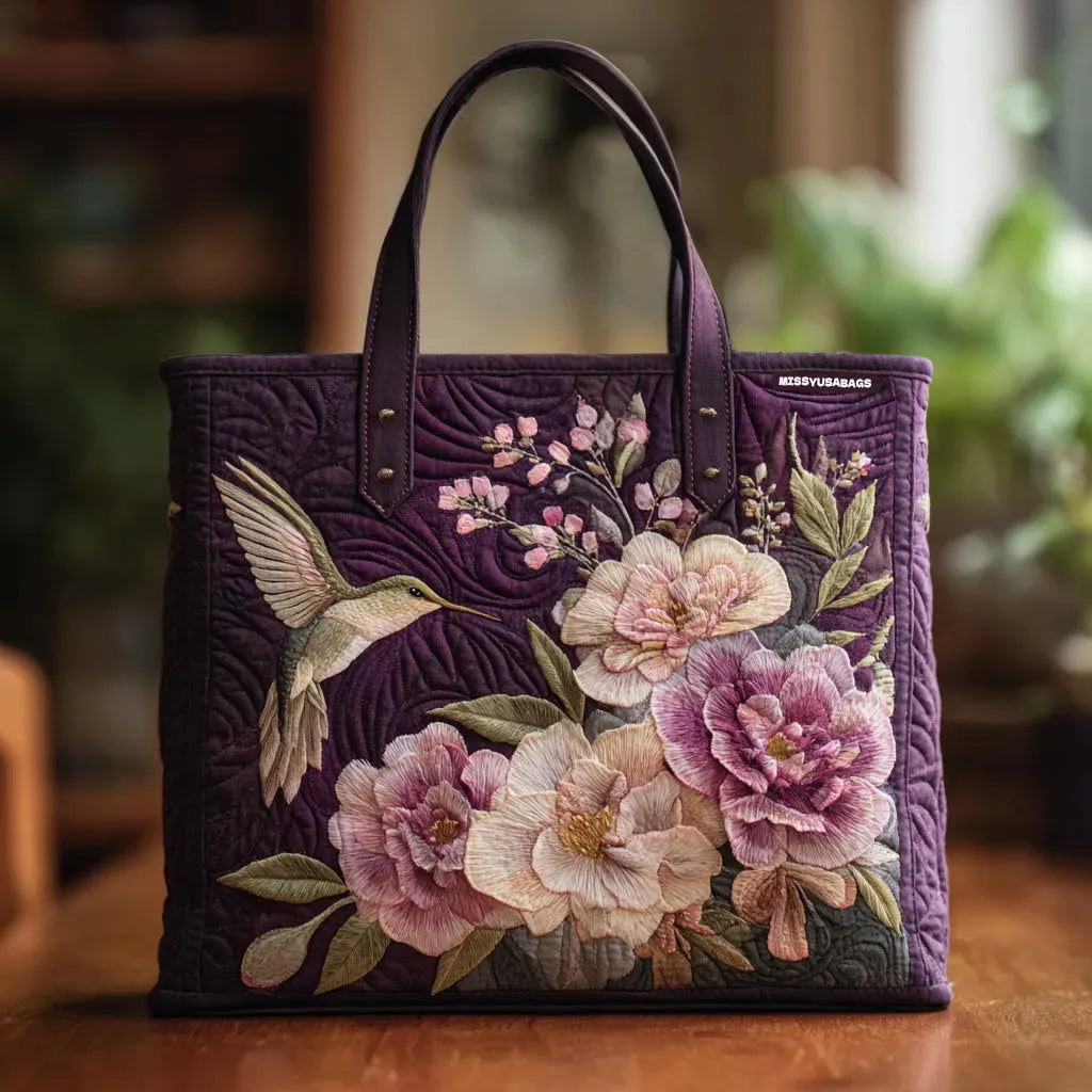 Purple Quilted Tote Bag with Hummingbirds and Orchids