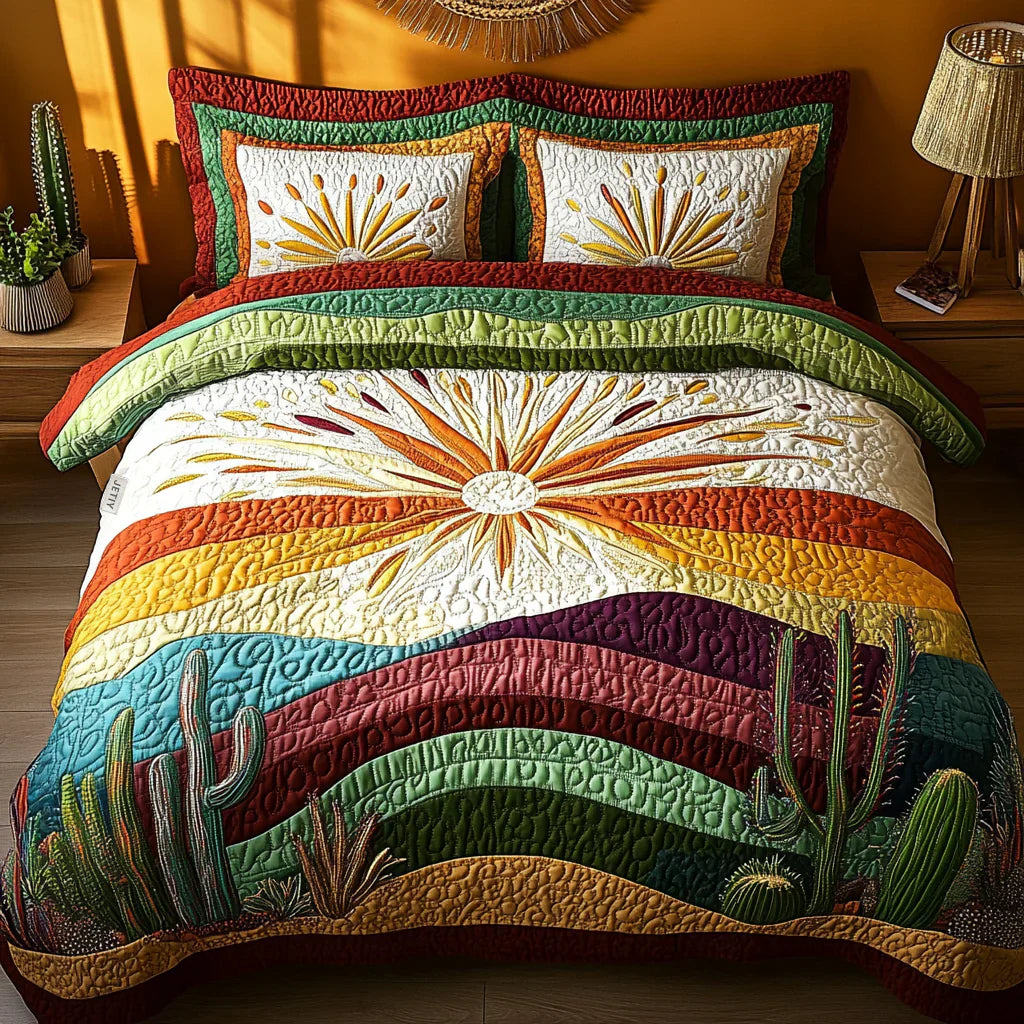 3-Piece Quilted Bedspread Set - Sunset Among Cacti