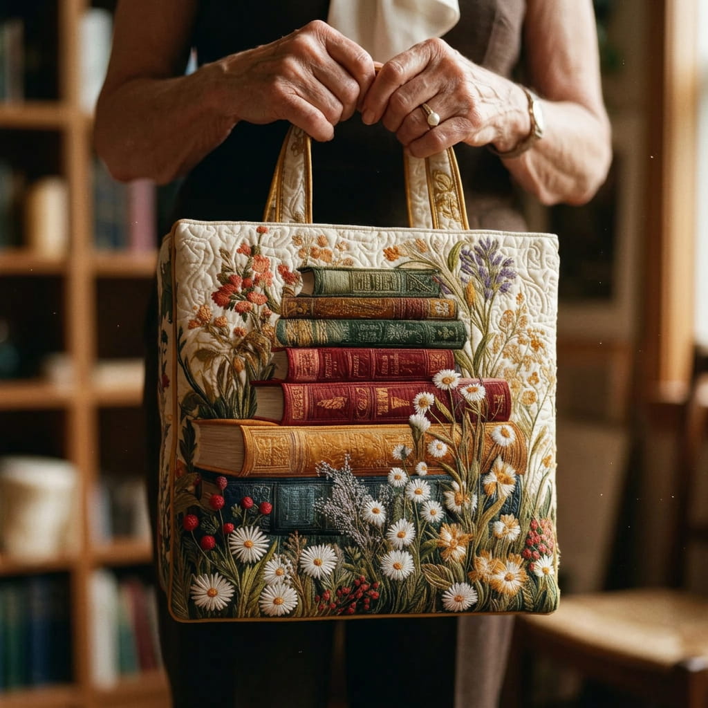 Artistic Quilted Tote Bag Floral Parchment