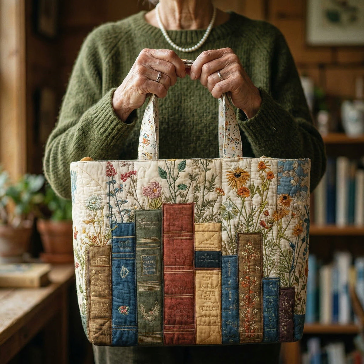 Quilted Tote Bag Books and Flowers Collection