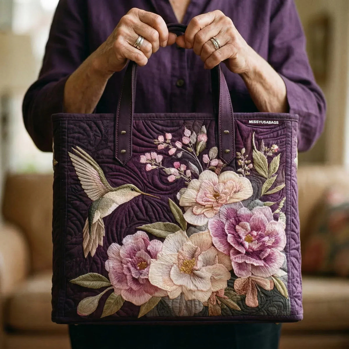 Sac matelassé fait main – Colibris et Orchidées