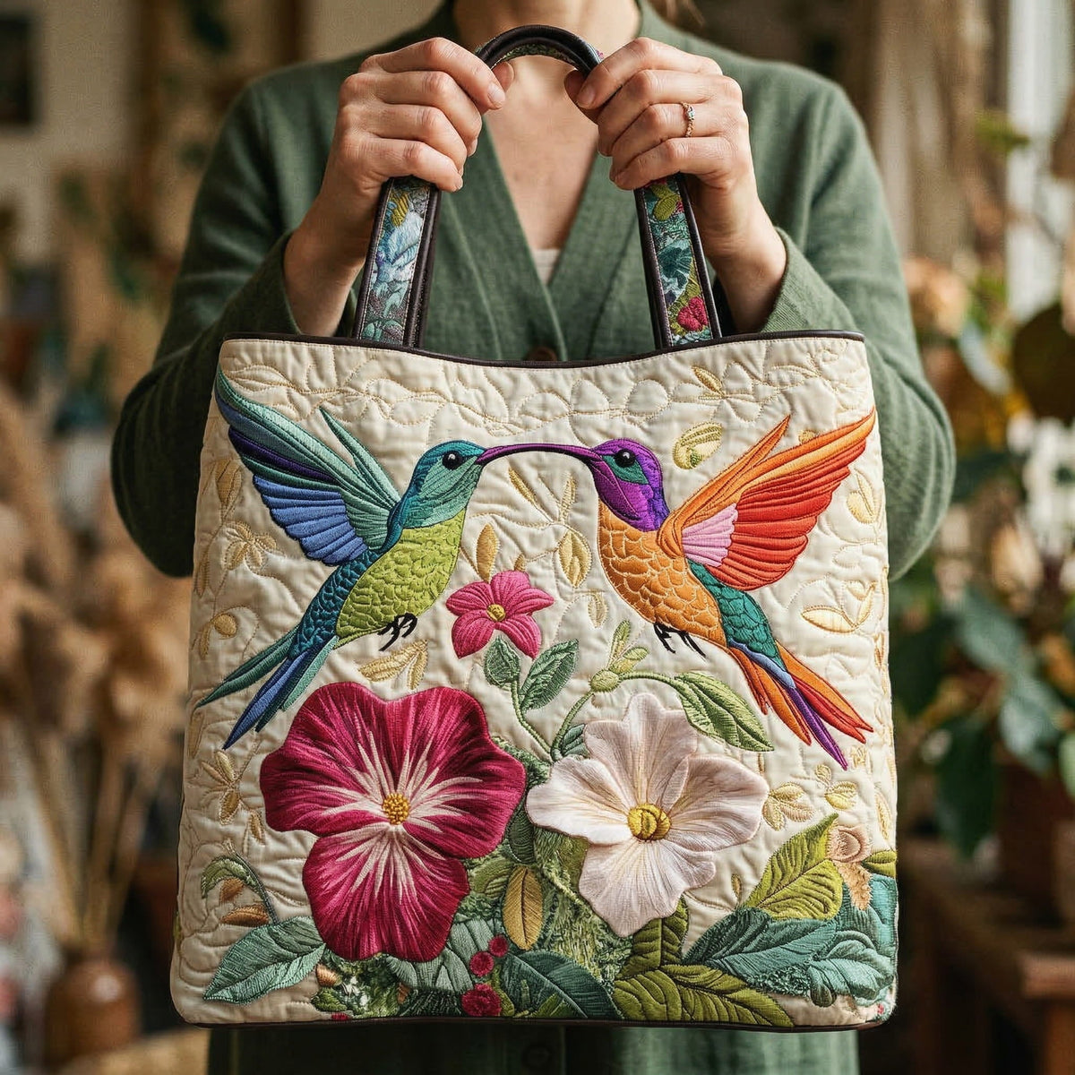 Pure Quilted Hummingbird Tote Bag